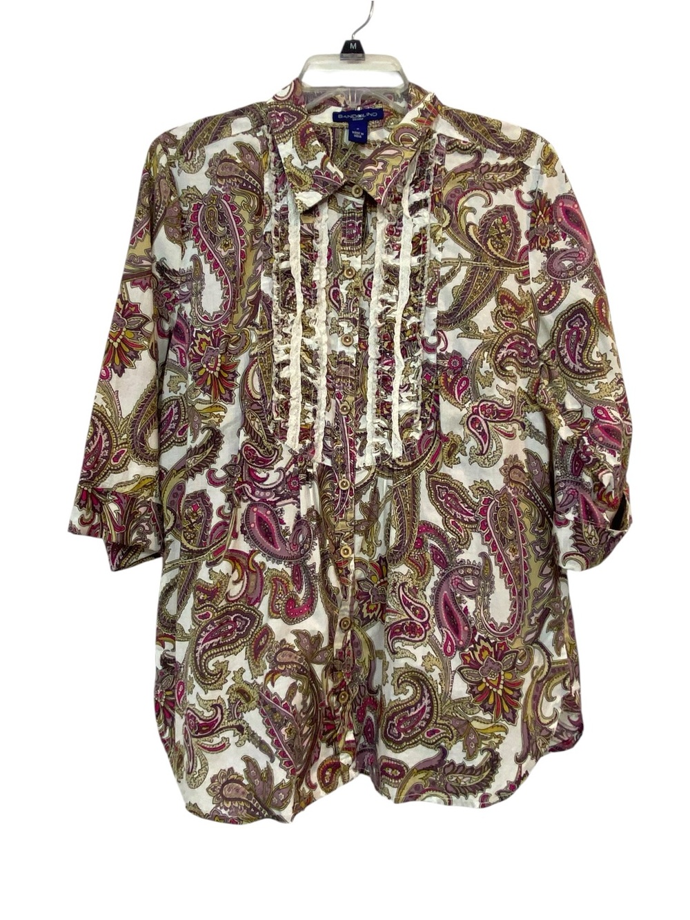 Bandolino Women's size M Paisley Ruffle Button-Down Blouse - Pink, Tan & Cream